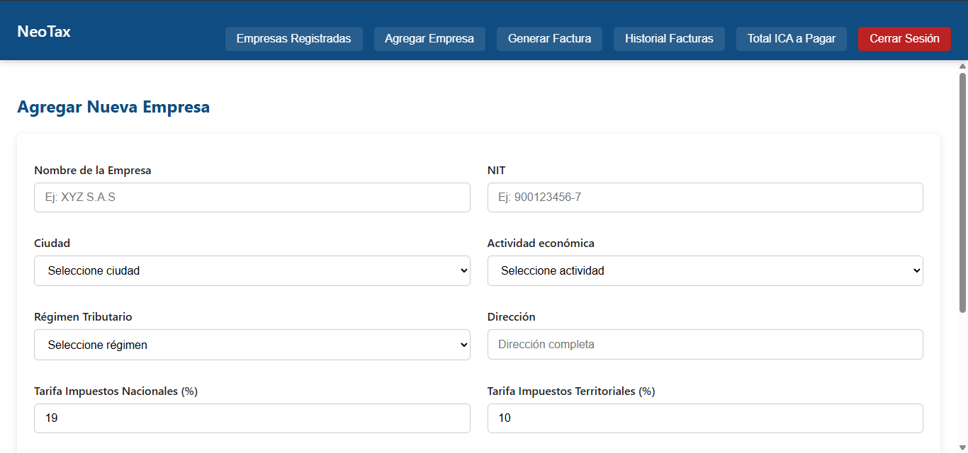 Screenshot of NeoTax add enterprises form