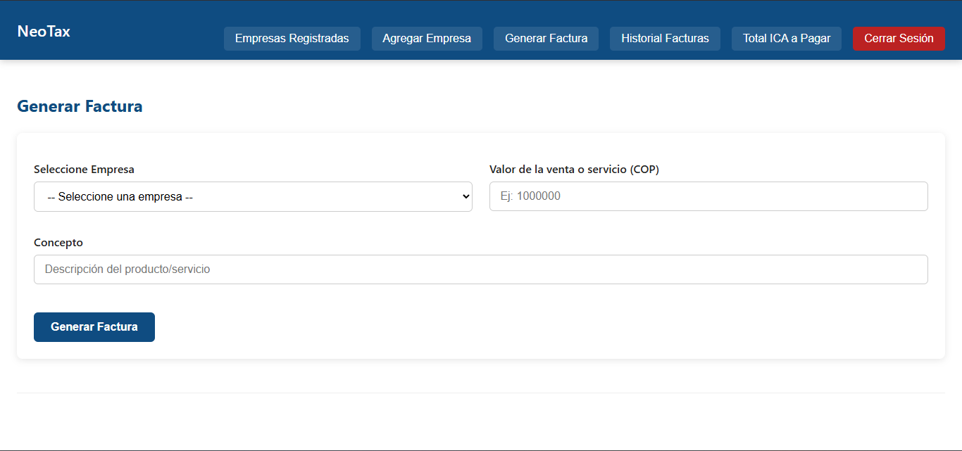 Screenshot of NeoTax generate invoice form