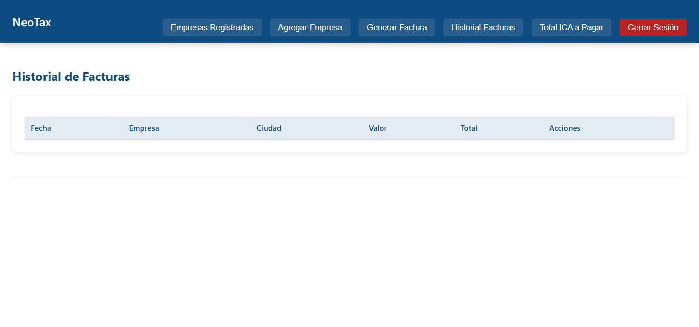 Screenshot of NeoTax invoice history